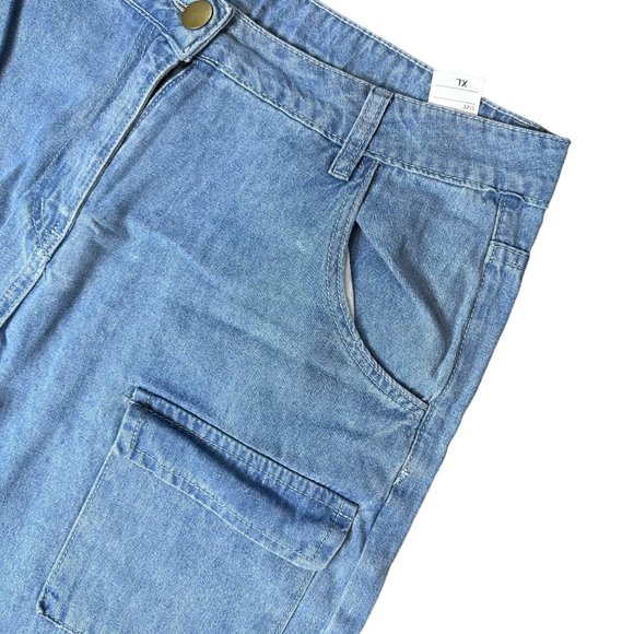 Womens Cargo Jeans Size XL Blue Wide Leg High Rise Multiple Pockets - Picture 7 of 15